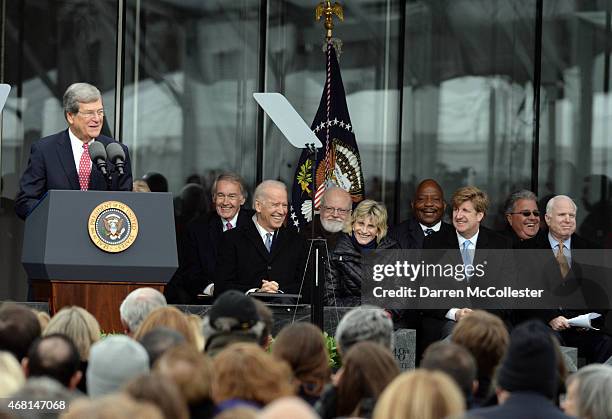 Former Senate majority leader Trent Lott addresses the crowd as U.S. Senator Edward Markey U.S. Vice President Joe Biden, Cardinal Sean O'Malley,...