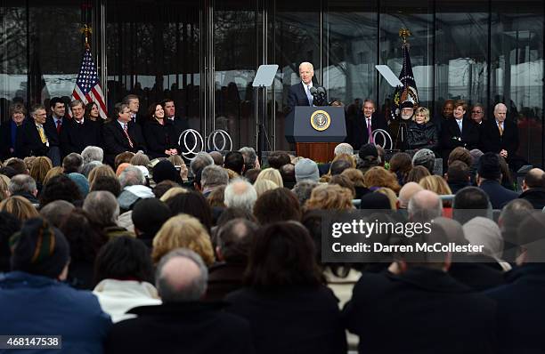 Vice-President Joe Biden speaks during the Edward M. Kennedy Institute Dedication Ceremony March 30, 2015 in Boston, Massachusetts. The Edward...