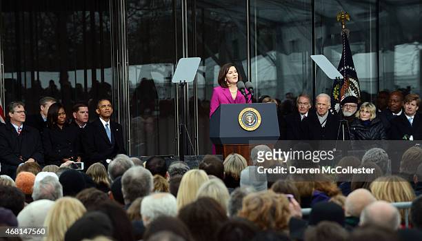 Victoria Reggie Kennedy speaks during the Edward M. Kennedy Institute Dedication Ceremony as Edward Kennedy Jr., First Lady Michelle Obama, Boston...