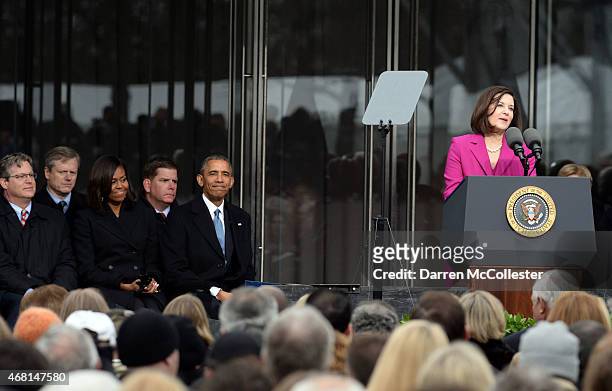 Victoria Reggie Kennedy speaks as Edward Kennedy Jr., Massachusetts Governor Charlie Baker, First Lady Michelle Obama, Boston Mayor Marty Walsh, and...
