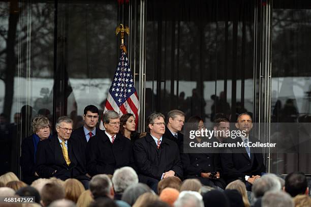 Tom Daschle, Trent Lott, Edward Kennedy Jr., Massachusetts Governor Charlie Baker, First Lady Michelle Obama, Boston Mayor Marty Walsh, and U.S....