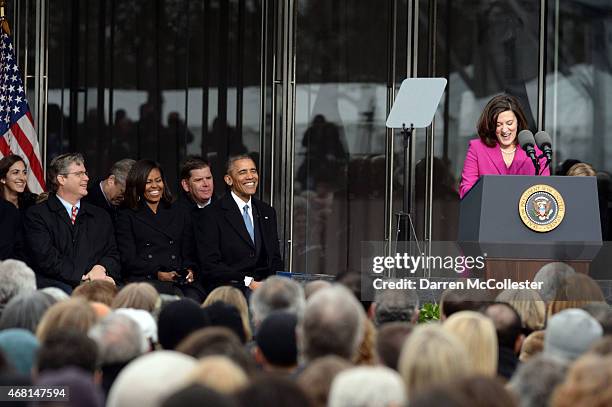 Victoria Reggie Kennedy speaks as Edward Kennedy Jr., First Lady Michelle Obama, Boston Mayor Marty Walsh, and U.S. President Barack Obama listen...