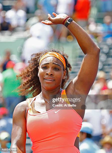 Serena Williams celebrates her win against Svetlana Kuznetsova of Russia during day 8 of the Miami Open at Crandon Park Tennis Center on March 30,...