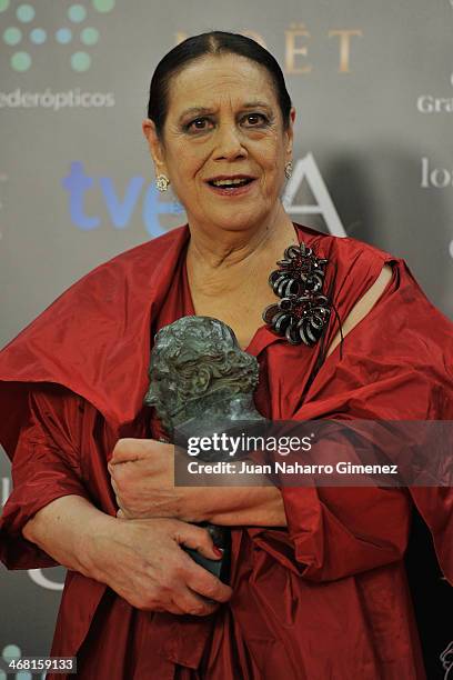 Terele Pavez holds his award for best supporting actress in the film 'Las brujas de Zugarramurdi' during the 2014 edition of the 'Goya Cinema Awards'...