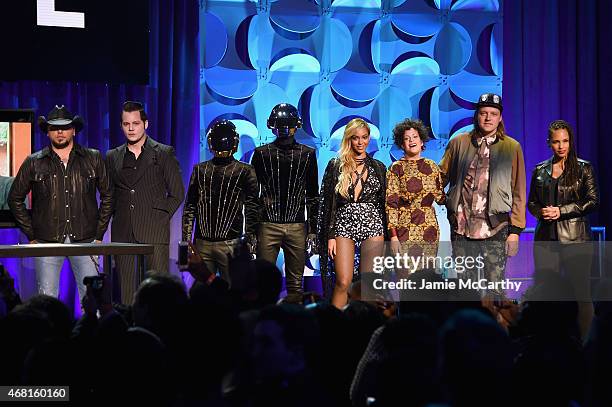 Jason Aldean, Jack White, Daft Punk, Beyonce, Regine Chassagne, Win Butler, and Alicia Keys onstage at the Tidal launch event #TIDALforALL at...