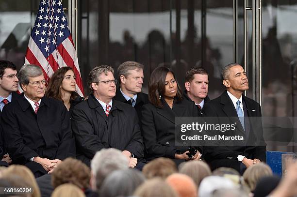 Trent Lott, Edward M. Kennedy Jr., Charles Baker, Michelle Obama, Martin J. Walsh, and President Barack Obama attend the dedication Ceremony at...