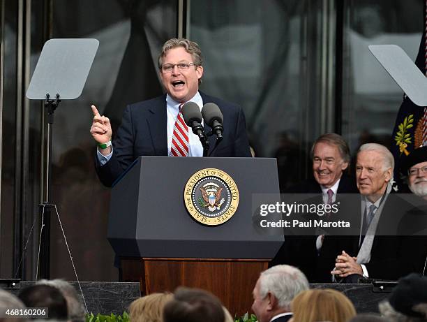 Connecticut Senator Edward M. Kennedy Jr. Speaks at the Dedication Ceremony at Edward M. Kennedy Institute for the United States Senate on March 30,...