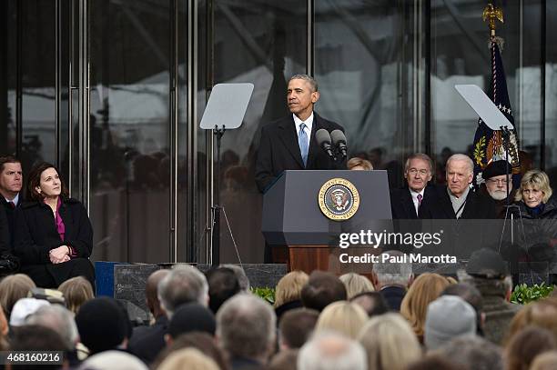 United States President Barack Obama speaks at the Dedication Ceremony at Edward M. Kennedy Institute for the United States Senate on March 30, 2015...