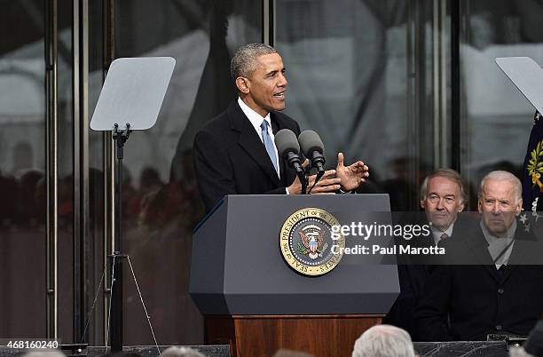 United States President Barack Obama speaks at the Dedication Ceremony at Edward M. Kennedy Institute for the United States Senate on March 30, 2015...