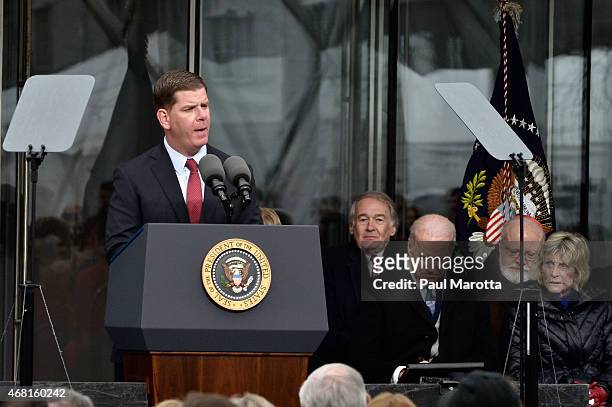 Boston Mayor Martin J. Walsh speaks at the Dedication Ceremony at the Edward M. Kennedy Institute for the United States Senate on March 30, 2015 in...