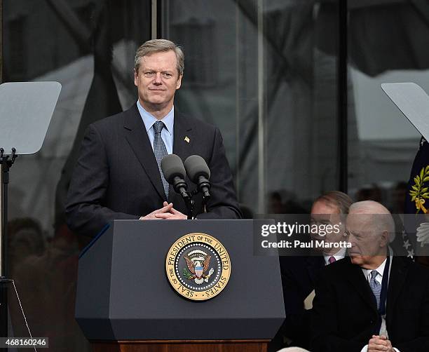 Massachusetts Governor Charles Baker speaks at the Dedication Ceremony at Edward M. Kennedy Institute for the United States Senate on March 30, 2015...