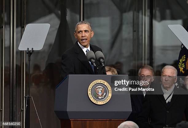 United States President Barack Obama speaks at the Dedication Ceremony at Edward M. Kennedy Institute for the United States Senate on March 30, 2015...