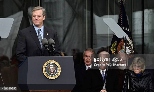 Massachusetts Governor Charles Baker speaks at the Dedication Ceremony at Edward M. Kennedy Institute for the United States Senate on March 30, 2015...