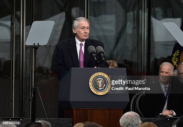 United States Senator Edward Markey speaks at the Dedication Ceremony at the Edward M. Kennedy Institute for the United States Senate on March 30,...