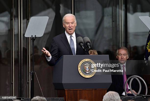 United States Vice President Joseph Biden speaks at the Dedication Ceremony at the Edward M. Kennedy Institute for the United States Senate on March...