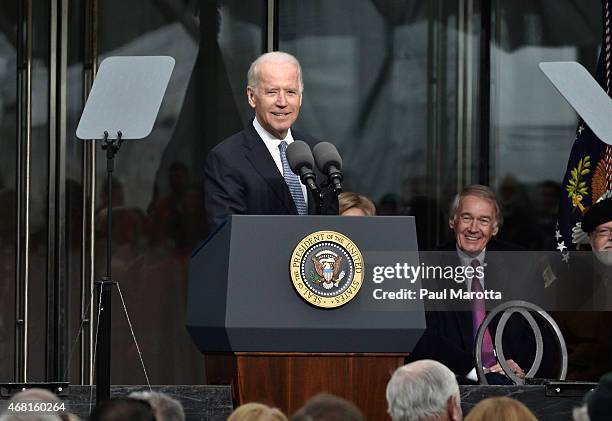 United States Vice President Joseph Biden speaks at the Dedication Ceremony at the Edward M. Kennedy Institute for the United States Senate on March...