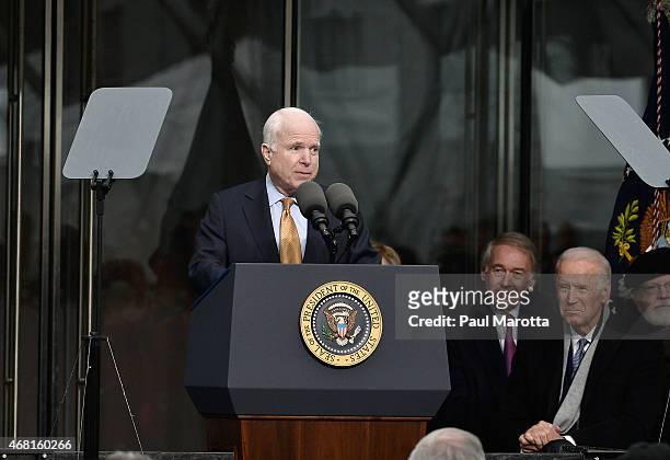 United States Senator John McCain speaks at the Dedication Ceremony at the Edward M. Kennedy Institute for the United States Senate on March 30, 2015...