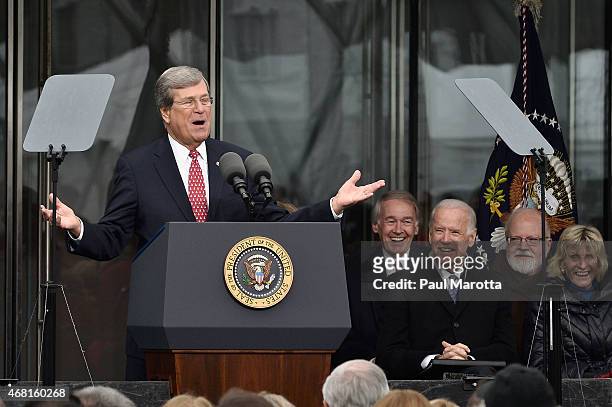 Former United States Senator Trent Lott speaks at the Dedication Ceremony at the Edward M. Kennedy Institute for the United States Senate on March...