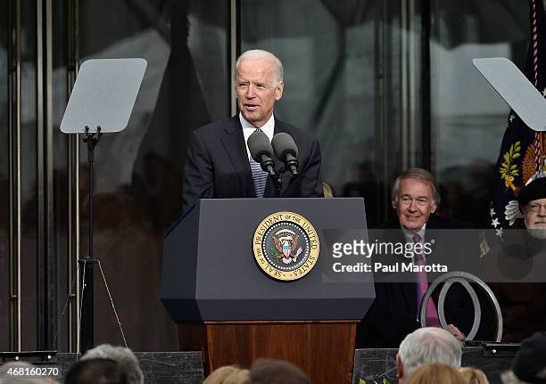United States Vice President Joseph Biden speaks at the Dedication Ceremony at the Edward M. Kennedy Institute for the United States Senate on March...