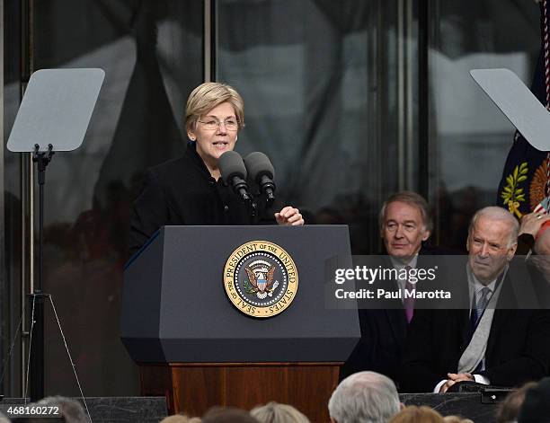 United States Senator Elizabeth Warren speaks at the Dedication Ceremony at the Edward M. Kennedy Institute for the United States Senate on March 30,...