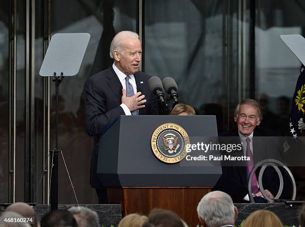 United States Vice President Joseph Biden speaks at the Dedication Ceremony at the Edward M. Kennedy Institute for the United States Senate on March...