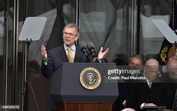 Former United States Senator Tom Daschle speaks at the Dedication Ceremony at the Edward M. Kennedy Institute for the United States Senate on March...