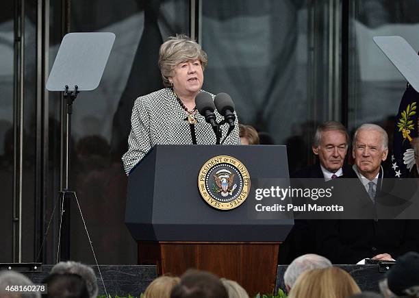 Institute President Jean MacCormack speaks at the Dedication Ceremony at the Edward M. Kennedy Institute for the United States Senate on March 30,...