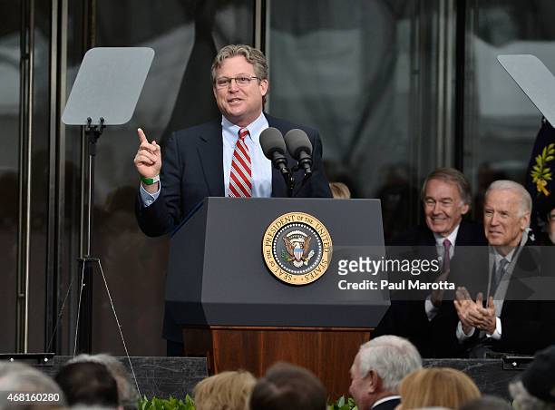 Connecticut Senator Edward M. Kennedy Jr. Speaks at the Dedication Ceremony at Edward M. Kennedy Institute for the United States Senate on March 30,...