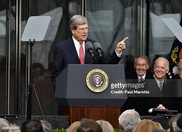 Former United States Senator Trent Lott speaks at the Dedication Ceremony at the Edward M. Kennedy Institute for the United States Senate on March...