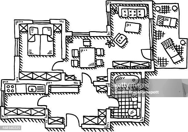 ilustraciones, imágenes clip art, dibujos animados e iconos de stock de plano de estar del apartamento - bolígrafo y marcador