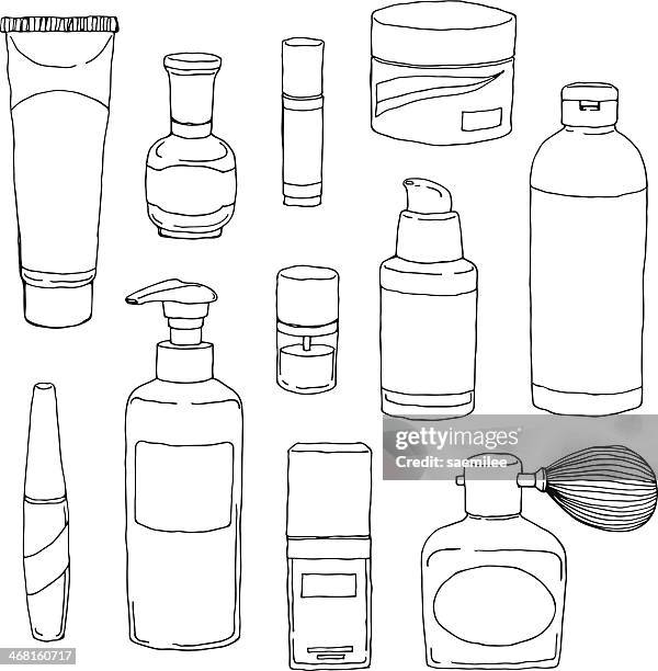 cosmetics bottle set - lid stock illustrations