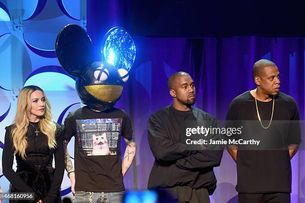 Madonna, Deadmau5, Kanye West, and JAY Z onstage at the Tidal launch event #TIDALforALL at Skylight at Moynihan Station on March 30, 2015 in New York...