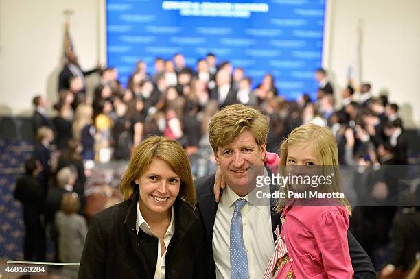 Amy Kennedy, Patrick Kennedy and Harper Petitgout attend the Senate Chamber Dedication Ceremony in the the full scale replica of the United States...