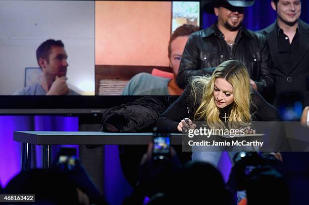 Madonna onstage at the Tidal launch event #TIDALforALL at Skylight at Moynihan Station on March 30, 2015 in New York City.