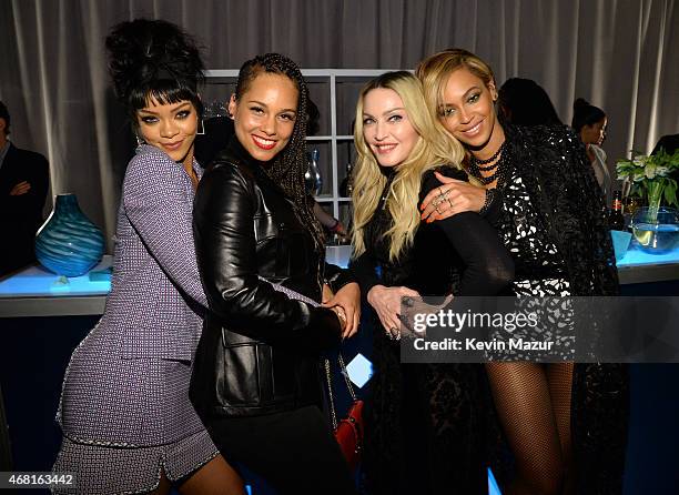 Rihanna, Alicia Keys, Madonna and Beyonce attend the Tidal launch event #TIDALforALL at Skylight at Moynihan Station on March 30, 2015 in New York...