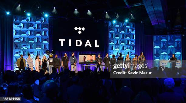 Usher, Rihanna, Nicki Minaj, Madonna, Dead Mouse, Kanye West, Jay Z, Jason Aldean, Jack White, Daft Punk, Beyonce and Win Butler attend the Tidal...