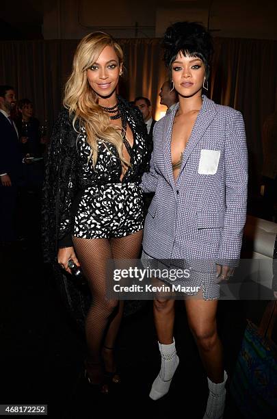 Beyonce and Rihanna attend the Tidal launch event #TIDALforALL at Skylight at Moynihan Station on March 30, 2015 in New York City.