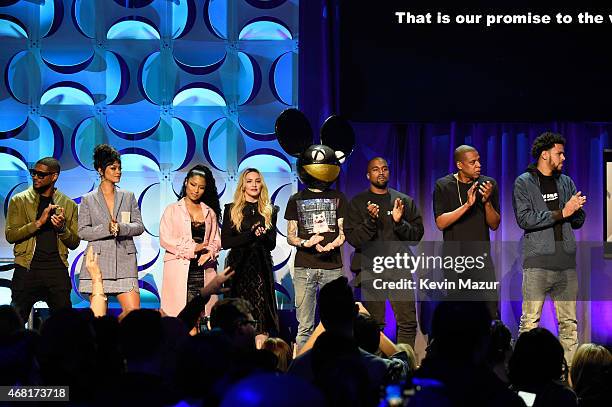 Rihanna, Nicki Minaj, Madonna, Deadmau5 and Kanye West attend the Tidal launch event #TIDALforALL at Skylight at Moynihan Station on March 30, 2015...