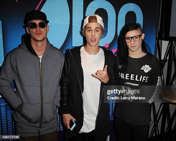 Diplo, Justin Bieber and Skrillex visit Y100 Radio Station on March 30, 2015 in Miami, Florida.