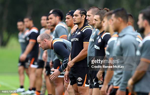 Tigers players arrive for a Wests Tigers NRL training session at Leichhardt Oval on March 31, 2015 in Sydney, Australia.