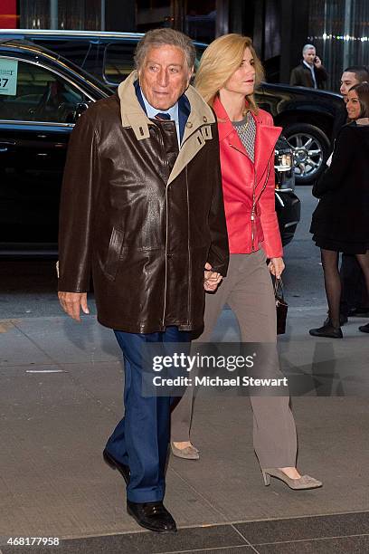 Tony Bennett and Susan Bennett attend the "Woman In Gold" New York Premiere at The Museum of Modern Art on March 30, 2015 in New York City.