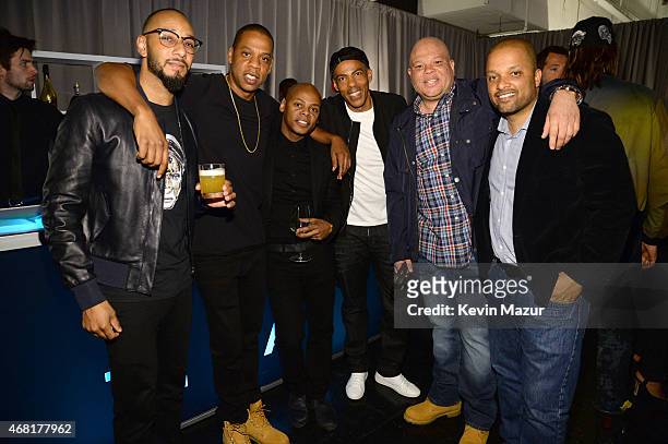 Swizz Beatz, Jay Z, Chris Ivery, Tyra "Tata" Smith and Jay Brown attend the Tidal launch event #TIDALforALL at Skylight at Moynihan Station on March...