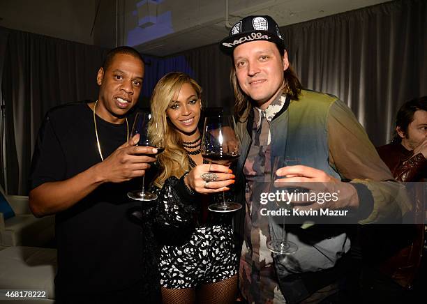 Jay Z, Beyonce and Win Butler of Arcade Fire attend the Tidal launch event #TIDALforALL at Skylight at Moynihan Station on March 30, 2015 in New York...