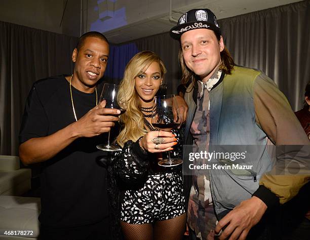 Jay Z, Beyonce and Win Butler of Arcade Fire attend the Tidal launch event #TIDALforALL at Skylight at Moynihan Station on March 30, 2015 in New York...