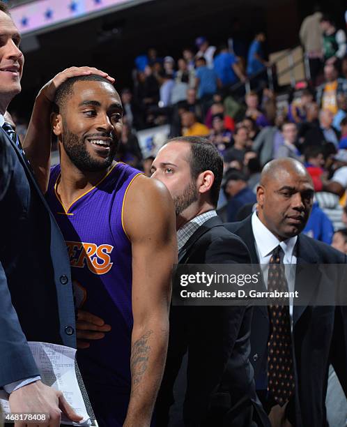 Wayne Ellington of the Los Angeles Lakers assisted with the game winning shot against the Philadelphia 76ers at Wells Fargo Center on March 30, 2015...