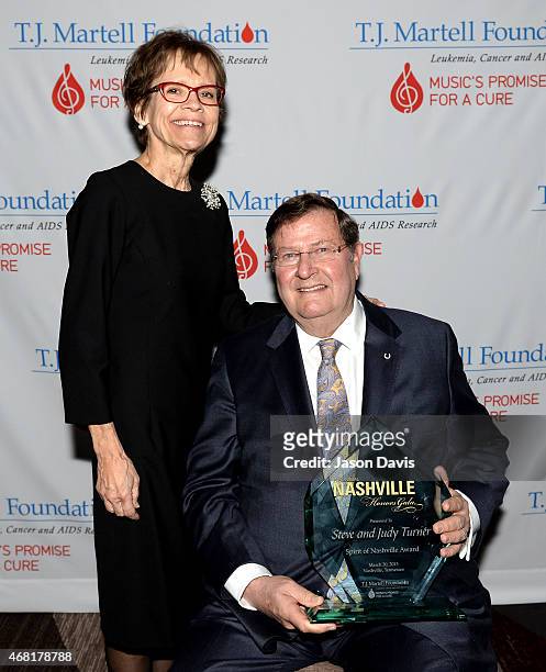 Judy and Steve Turner accept the Spirit of Nashville Award at the T.J. Martell Foundation's 7th Annual Nashville Honors Gala at Omni Hotel Downtown...