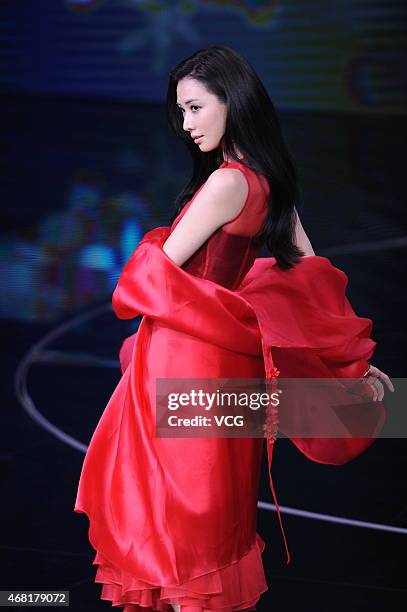 Actress Lin Chi-ling shows at the RanFan Collection show as part of Mercedes-Benz China Fashion Week Autumn/Winter Collection at Phoenix Center on...