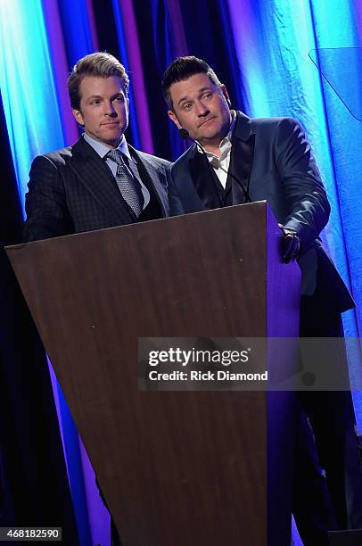 Rascal Flatts' Joe Don Rooney and Jay DeMarcus speak at the T.J. Martell Foundation's 7th Annual Nashville Honors Gala at Omni Hotel Downtown on...