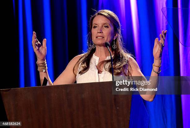 Rev. Becca Stevens accepts the Lifetime Humanitarian Award at the T.J. Martell Foundation's 7th Annual Nashville Honors Gala at Omni Hotel Downtown...