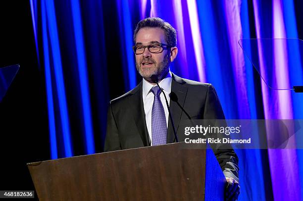 Opry Entertainment Group's Steve Buchanan speaks at the T.J. Martell Foundation's 7th Annual Nashville Honors Gala at Omni Hotel Downtown on March...